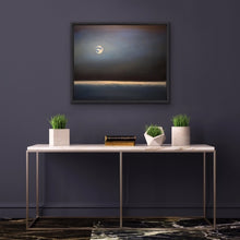 Load image into Gallery viewer, The moon has been the subject of music and poetry over the ages. I wanted to give it a proper accurate "portrait" while still maintaining its magical quality. I started with the concept of a relatively rare "blue moon" and created a halo of moonlight delicately surrounding it as it floats majestically in space. Below the mystical moon we see what could be either waves over a dark sea or the horizon of planet earth as seen from space. Studio Brambilla Aware Winning Toronto Artist: Home Decor: