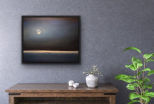Load image into Gallery viewer, The moon has been the subject of music and poetry over the ages. I wanted to give it a proper accurate "portrait" while still maintaining its magical quality. I started with the concept of a relatively rare "blue moon" and created a halo of moonlight delicately surrounding it as it floats majestically in space. Below the mystical moon we see what could be either waves over a dark sea or the horizon of planet earth as seen from space. Studio Brambilla Aware Winning Toronto Artist: Home Decor:
