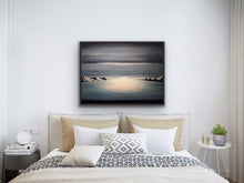 Load image into Gallery viewer, Studio Brambilla Aware Winning Toronto Artist: Home Decor:With global warming destroying all of our majestic glaciers I wanted to create at least one glacier that would last forever. Placed in between a Group of Seven inspired mountain range the glacier field reminded me of an infinity pool as I was painting it so I went with that vision, with he sun peeking out at the horizon line, thus creating an ethereal and surrealistic image for your enjoyment.