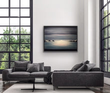 Load image into Gallery viewer, Studio Brambilla Aware Winning Toronto Artist: Home Decor:With global warming destroying all of our majestic glaciers I wanted to create at least one glacier that would last forever. Placed in between a Group of Seven inspired mountain range the glacier field reminded me of an infinity pool as I was painting it so I went with that vision, with he sun peeking out at the horizon line, thus creating an ethereal and surrealistic image for your enjoyment.