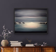 Load image into Gallery viewer, Studio Brambilla Aware Winning Toronto Artist: Home Decor: With global warming destroying all of our majestic glaciers I wanted to create at least one glacier that would last forever. Placed in between a Group of Seven inspired mountain range the glacier field reminded me of an infinity pool as I was painting it so I went with that vision, with he sun peeking out at the horizon line, thus creating an ethereal and surrealistic image for your enjoyment.