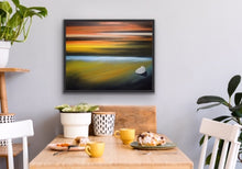 Load image into Gallery viewer, Studio Brambilla Aware Winning Toronto Artist: Home Decor: Iceland is a magical place. This painting is inspired by an actual photo of an Icelandic beach taken by my friend and great photographer Vin Sing. The colours are real but also surreal! I used the surreal feeling to interpose a Group of Seven inspired iceberg at the bottom right but played with the size. Is it a small iceberg melting on the sand or is it a large iceberg out at sea? It's up to you to see it as you wish.