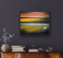 Load image into Gallery viewer, Studio Brambilla Aware Winning Toronto Artist: Home Decor: Iceland is a magical place. This painting is inspired by an actual photo of an Icelandic beach taken by my friend and great photographer Vin Sing. The colours are real but also surreal! I used the surreal feeling to interpose a Group of Seven inspired iceberg at the bottom right but played with the size. Is it a small iceberg melting on the sand or is it a large iceberg out at sea? It's up to you to see it as you wish.