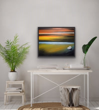 Load image into Gallery viewer, Iceland is a magical place. This painting is inspired by an actual photo of an Icelandic beach taken by my friend and great photographer Vin Sing. The colours are real but also surreal! I used the surreal feeling to interpose a Group of Seven inspired iceberg at the bottom right but played with the size. Is it a small iceberg melting on the sand or is it a large iceberg out at sea? It's up to you to see it as you wish.