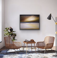 Load image into Gallery viewer, Studio Brambilla Aware Winning Toronto Artist: Home Decor: There are nights when the moon lights up clouds hovering on the horizon. Here we see the moon's amber glow lighting up not only the sky but the beach on which you are standing as you look out over the sea. This hypnotic and atmospheric painting is 30"x40" oil on canvas contained in a smart black floating frame that focuses attention on the amber glow.