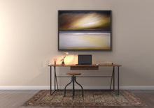 Load image into Gallery viewer, Studio Brambilla Aware Winning Toronto Artist: Home Decor: There are nights when the moon lights up clouds hovering on the horizon. Here we see the moon's amber glow lighting up not only the sky but the beach on which you are standing as you look out over the sea. This hypnotic and atmospheric painting is 30"x40" oil on canvas contained in a smart black floating frame that focuses attention on the amber glow.