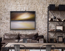 Load image into Gallery viewer, Studio Brambilla Aware Winning Toronto Artist: Home Decor: There are nights when the moon lights up clouds hovering on the horizon. Here we see the moon's amber glow lighting up not only the sky but the beach on which you are standing as you look out over the sea. This hypnotic and atmospheric painting is 30"x40" oil on canvas contained in a smart black floating frame that focuses attention on the amber glow.