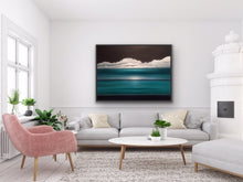 Load image into Gallery viewer, I love to play with multiple horizons. Here there are three for you to consider and, depending on which one you focus on, the painting changes with your viewpoint. A truly interactive piece of art that will be a great conversation piece. Additionally you can enjoy the surrealistic and atmospheric rendition of the water, sky and clouds while feeling the Caribbean breeze wafting over you. This work is a substantial 36"x48" oil on canvas with a black floating frame. Great over a large couch or on a blank wal