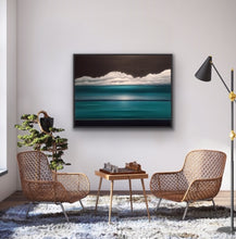 Load image into Gallery viewer, I love to play with multiple horizons. Here there are three for you to consider and, depending on which one you focus on, the painting changes with your viewpoint. A truly interactive piece of art that will be a great conversation piece. Additionally you can enjoy the surrealistic and atmospheric rendition of the water, sky and clouds while feeling the Caribbean breeze wafting over you. This work is a substantial 36"x48" oil on canvas with a black floating frame. Great over a large couch or on a blank wal