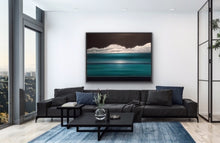 Load image into Gallery viewer, I love to play with multiple horizons. Here there are three for you to consider and, depending on which one you focus on, the painting changes with your viewpoint. A truly interactive piece of art that will be a great conversation piece. Additionally you can enjoy the surrealistic and atmospheric rendition of the water, sky and clouds while feeling the Caribbean breeze wafting over you. This work is a substantial 36"x48" oil on canvas with a black floating frame. Great over a large couch or on a blank wal