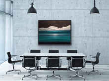 Load image into Gallery viewer, I love to play with multiple horizons. Here there are three for you to consider and, depending on which one you focus on, the painting changes with your viewpoint. A truly interactive piece of art that will be a great conversation piece. Additionally you can enjoy the surrealistic and atmospheric rendition of the water, sky and clouds while feeling the Caribbean breeze wafting over you. This work is a substantial 36"x48" oil on canvas with a black floating frame. Great over a large couch or on a blank wal