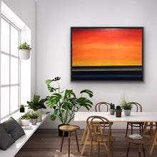 Load image into Gallery viewer, Studio Brambilla Aware Winning Toronto Artist: Home Decor: Need a splash of colour in your room? This beauty is all about creating an understated splash. With its deep blue water and multiple shades of yellow and orange which are blended together imperceptibly, you can transform any room by providing a view of a beautiful summer sunrise over the lake. This simple yet elegant image is a large 36"x48" oil on canvas surrounded with a black floating frame.