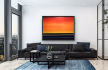 Load image into Gallery viewer, Studio Brambilla Aware Winning Toronto Artist: Home Decor: Need a splash of colour in your room? This beauty is all about creating an understated splash. With its deep blue water and multiple shades of yellow and orange which are blended together imperceptibly, you can transform any room by providing a view of a beautiful summer sunrise over the lake. This simple yet elegant image is a large 36"x48" oil on canvas surrounded with a black floating frame.