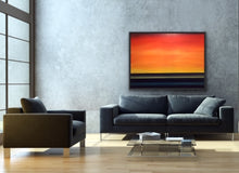 Load image into Gallery viewer, Studio Brambilla Aware Winning Toronto Artist: Home Decor: Need a splash of colour in your room? This beauty is all about creating an understated splash. With its deep blue water and multiple shades of yellow and orange which are blended together imperceptibly, you can transform any room by providing a view of a beautiful summer sunrise over the lake. This simple yet elegant image is a large 36"x48" oil on canvas surrounded with a black floating frame.