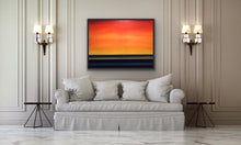 Load image into Gallery viewer, Studio Brambilla Aware Winning Toronto Artist: Home Decor: Need a splash of colour in your room? This beauty is all about creating an understated splash. With its deep blue water and multiple shades of yellow and orange which are blended together imperceptibly, you can transform any room by providing a view of a beautiful summer sunrise over the lake. This simple yet elegant image is a large 36"x48" oil on canvas surrounded with a black floating frame.