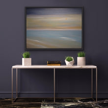 Load image into Gallery viewer, Studio Brambilla Aware Winning Toronto Artist: Home Decor: If you are looking for a soft, paste-like work of art, this is the one for you. A peaceful rendition of one of those beautiful golden sunrises you so enjoy when you take your morning walks on the beach. The golden colour is created using high end metallic gold oils so it has a shimmering quality that makes it special.  A good size 30&quot;x40&quot; oil on canvas accented with a black floating frame.
