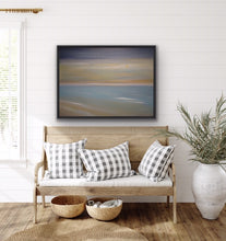 Load image into Gallery viewer, Studio Brambilla Aware Winning Toronto Artist: Home Decor: If you are looking for a soft, paste-like work of art, this is the one for you. A peaceful rendition of one of those beautiful golden sunrises you so enjoy when you take your morning walks on the beach. The golden colour is created using high end metallic gold oils so it has a shimmering quality that makes it special. A good size 30"x40" oil on canvas accented with a black floating frame.