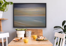 Load image into Gallery viewer, Studio Brambilla Aware Winning Toronto Artist: Home Decor: If you are looking for a soft, paste-like work of art, this is the one for you. A peaceful rendition of one of those beautiful golden sunrises you so enjoy when you take your morning walks on the beach. The golden colour is created using high end metallic gold oils so it has a shimmering quality that makes it special. A good size 30"x40" oil on canvas accented with a black floating frame.