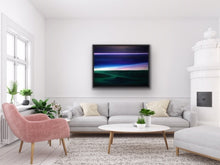 Load image into Gallery viewer, A verdant green valley welcomes a vibrant and colourful dawn. The sky evokes a surreal and ethereal dream-like image that lets you know you are not in any ordinary valley but one in which your imagination is welcome. Stare at this painting and feel yourself being enveloped by the atmospheric scenery that you probably have never seen before but which will be with you whenever you need some inspiration. At 30"x40" this oil on canvas work will fit in nicely virtually anywhere in your home.