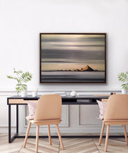 Load image into Gallery viewer, Studio Brambilla Aware Winning Toronto Artist: Home Decor: This painting is inspired by my friend and great photographer Vin Sing who spends lot of time photographing the beauty of Iceland. In this work I am referencing the fact that Iceland is the Land of the Midnight Sun. Where the sun never quite sets in the winter it casts a golden glow on on the mountains. There are essentially only two colours here...variations of gold and grey so this atmospheric painting will fit any decor.