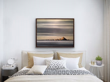 Load image into Gallery viewer, Studio Brambilla Aware Winning Toronto Artist: Home Decor: This painting is inspired by my friend and great photographer Vin Sing who spends lot of time photographing the beauty of Iceland. In this work I am referencing the fact that Iceland is the Land of the Midnight Sun. Where the sun never quite sets in the winter it casts a golden glow on on the mountains. There are essentially only two colours here...variations of gold and grey so this atmospheric painting will fit any decor.