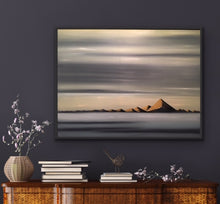 Load image into Gallery viewer, Studio Brambilla Aware Winning Toronto Artist: Home Decor: This painting is inspired by my friend and great photographer Vin Sing who spends lot of time photographing the beauty of Iceland. In this work I am referencing the fact that Iceland is the Land of the Midnight Sun. Where the sun never quite sets in the winter it casts a golden glow on on the mountains. There are essentially only two colours here...variations of gold and grey so this atmospheric painting will fit any decor.