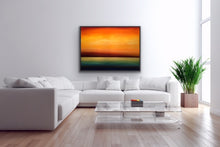 Load image into Gallery viewer, Studio Brambilla Aware Winning Toronto Artist: Home Decor: How did our prehistoric ancestors see their world? For them the horizon was their TV set. The colours of the sky and water were constantly changing and they knew not why. I try to evoke how they felt while looking at these spectacles. Minimalist, atmospheric, ethereal and surrealistic. Although this colourful 36"48" oil on canvas is sold, the image is available for commissioning.