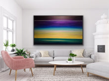 Load image into Gallery viewer, Studio Brambilla Aware Winning Toronto Artist: Home Decor: Two paintings in one. Dawn at the bottom horizon line and dusk at the upper horizon line. Showing two time periods in one static image is a challenge but it makes it a real talking piece. This beauty was done as a commission for a client who lives high above Lake Ontario and who wanted a large work to mimic their view through their window.
