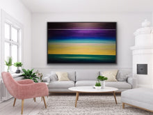 Load image into Gallery viewer, Studio Brambilla Aware Winning Toronto Artist: Home Decor: Two paintings in one. Dawn at the bottom horizon line and dusk at the upper horizon line. Showing two time periods in one static image is a challenge but it makes it a real talking piece. This beauty was done as a commission for a client who lives high above Lake Ontario and who wanted a large work to mimic their view through their window.