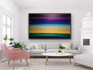 Studio Brambilla Aware Winning Toronto Artist: Home Decor: Two paintings in one. Dawn at the bottom horizon line and dusk at the upper horizon line. Showing two time periods in one static image is a challenge but it makes it a real talking piece. This beauty was done as a commission for a client who lives high above Lake Ontario and who wanted a large work to mimic their view through their window.