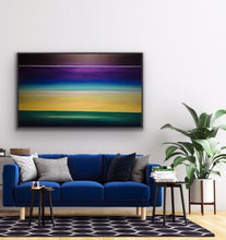 Load image into Gallery viewer, Studio Brambilla Aware Winning Toronto Artist: Home Decor: Two paintings in one. Dawn at the bottom horizon line and dusk at the upper horizon line. Showing two time periods in one static image is a challenge but it makes it a real talking piece. This beauty was done as a commission for a client who lives high above Lake Ontario and who wanted a large work to mimic their view through their window.