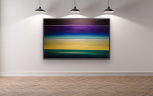 Studio Brambilla Aware Winning Toronto Artist: Home Decor:Two paintings in one. Dawn at the bottom horizon line and dusk at the upper horizon line. Showing two time periods in one static image is a challenge but it makes it a real talking piece. This beauty was done as a commission for a client who lives high above Lake Ontario and who wanted a large work to mimic their view through their window.