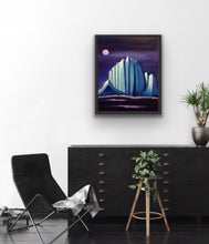 Load image into Gallery viewer, Studio Brambilla Aware Winning Toronto Artist: Home Decor: I love how the Group of Seven artist, Lawren Harris, depicted the beauty of icebergs. This is an homage to Harris, whereby, inspired by his vision, I try to show the majesty of an iceberg that looks like a cathedral by placing it under a violet moon. Very surreal and very dramatic. A lovely and unique conversation piece.
