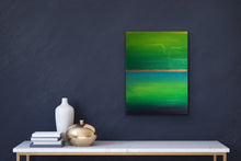 Load image into Gallery viewer, Studio Brambilla Aware Winning Toronto Artist: Home Decor: Want a cheerful painting that reminds you of Spring all the time? This colourfield painting is just for you! Beautiful shades of green surrounding blue water and a golden sunrise. Finished with shiny resin to make the colours pop, this will look great on dark or light coloured walls.  This is 12&quot;x16&quot; acrylic on wood panel with wraparound painted sides making a frame unnecessary.
