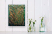 Load image into Gallery viewer, Studio Brambilla Aware Winning Toronto Artist: Home Decor: This is a highly textured piece with bright greens, reds and various shades of orange and yellow. This reminds me of looking down on a forest with the colours of the setting sun reflecting off the trees. This is 12&#39;x16&quot; acrylic on Venetian Plaster (which creates the texture) on a wood panel with a shiny resin finish and has wraparound painted sides so a frame is not required.
