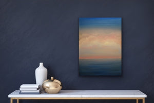 Studio Brambilla Aware Winning Toronto Artist: Home Decor: It's one of those days when the sky and water are the same colour as they envelope soft white and pink clouds. You can almost hear the song "Oh What a Beautiful Morning" playing as you walk along the beach.  This is a 14"x18" oil on wood panel with a buffed resin satin finish with a black floating frame.
