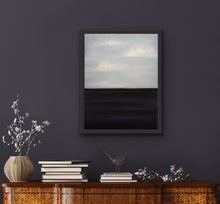 Load image into Gallery viewer, Studio Brambilla Aware Winning Toronto Artist: Home Decor: A tranquil colourfield painting of lazy clouds over lazy waves. Perfect if you want a very peaceful painting that fits in any décor.  This is 14&quot;x18&quot; oil on wood panel with a resin finish and with a black floating frame. A very affordable unique work of art that could be perfect for you or for gift giving.
