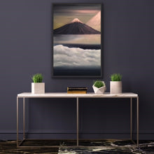 Load image into Gallery viewer, Mt Fuji is one of the most beautiful mountains (volcanos) in the world and rightly so. It is breathtaking. This painting is based on a photo taken by a friend standing atop a promontory high above the clouds as Fuji makes its appearance in the morning with the sun coming in from the right. Ironically Fuji is only visible about 90 days per year so this was great timing. The snow capped peak and the sunlight are rendered in high quality metallic oils so that the colours change depending on where you stand to 
