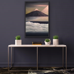 Mt Fuji is one of the most beautiful mountains (volcanos) in the world and rightly so. It is breathtaking. This painting is based on a photo taken by a friend standing atop a promontory high above the clouds as Fuji makes its appearance in the morning with the sun coming in from the right. Ironically Fuji is only visible about 90 days per year so this was great timing. The snow capped peak and the sunlight are rendered in high quality metallic oils so that the colours change depending on where you stand to 