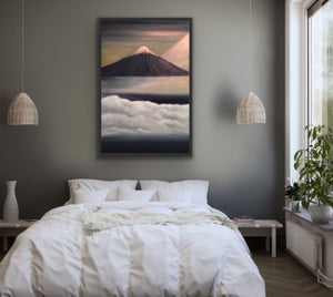 Mt Fuji is one of the most beautiful mountains (volcanos) in the world and rightly so. It is breathtaking. This painting is based on a photo taken by a friend standing atop a promontory high above the clouds as Fuji makes its appearance in the morning with the sun coming in from the right. Ironically Fuji is only visible about 90 days per year so this was great timing. The snow capped peak and the sunlight are rendered in high quality metallic oils so that the colours change depending on where you stand to 