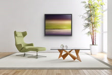 Load image into Gallery viewer, Studio Brambilla Aware Winning Toronto Artist: Home Decor: Lavender and lime are complementary colours that are not used together very often but I love the harmony they create together. So I wanted to create a surreal seascape using those colours. Well a viewer of this work said it looked exactly like a sky she has seen many times up at her cottage. So this shows that real and surreal are truly closely related! This is a 22&quot;x30&quot; oil on canvas 

