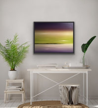 Load image into Gallery viewer, Studio Brambilla Aware Winning Toronto Artist: Home Decor:Lavender and lime are complementary colours that are not used together very often but I love the harmony they create together. So I wanted to create a surreal seascape using those colours. Well a viewer of this work said it looked exactly like a sky she has seen many times up at her cottage. So this shows that real and surreal are truly closely related! This is a 22&quot;x30&quot; oil on canvas
