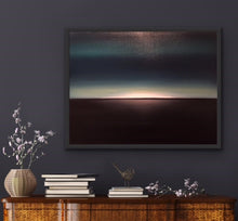 Load image into Gallery viewer, Studio Brambilla Aware Winning Toronto Artist: Home Decor: We often see sunsets depicted in paintings. I wanted to paint what we don&#39;t often get the chance to see...a moon set. Here we see a dramatic image  using closely related colours. Very dark teal and black with  a middle layer of moon light breaking over the horizon in a mysterious fashion. Let your imagination roam.
