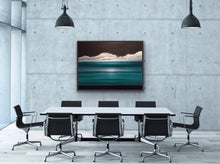 Load image into Gallery viewer, I love to play with multiple horizons. Here there are three for you to consider and, depending on which one you focus on, the painting changes with your viewpoint. A truly interactive piece of art that will be a great conversation piece. Additionally you can enjoy the surrealistic and atmospheric rendition of the water, sky and clouds while feeling the Caribbean breeze wafting over you.  This work is a substantial 36&quot;x48&quot; oil on canvas with a black floating frame.  Great over a large couch or on a blank wal

