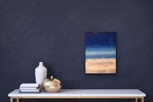 Studio Brambilla Aware Winning Toronto Artist: Home Decor: You are in a jet flying high above the clouds looking up at the blue/dark sky blending into space. Enjoy the ride!  11"x 14" oil on canvas with resin finish in a back floating frame. 